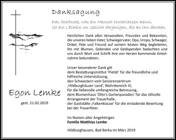 Traueranzeige von Egon Lemke von Südthüringer Presse