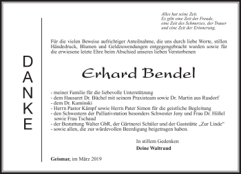 Traueranzeige von Erhard Bendel von Südthüringer Presse