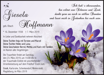 Traueranzeige von Giesela Hoffmann von Südthüringer Presse