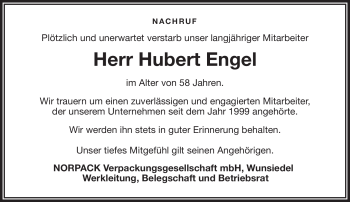 Traueranzeige von Hubert Engel von Frankenpost