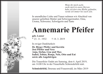 Traueranzeige von Annemarie Pfeifer von Südthüringer Presse