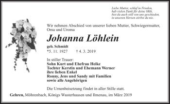 Traueranzeige von Johanna Löhlein von Südthüringer Presse