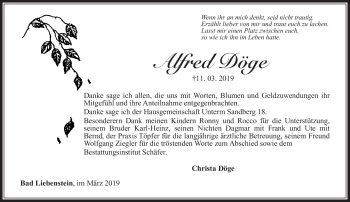 Traueranzeige von Alfred Döge von Südthüringer Presse