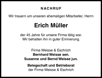 Traueranzeige von Erich Müller von Neue Presse Coburg