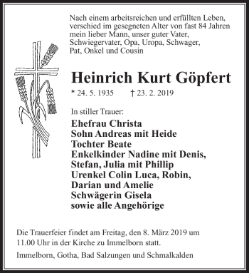 Traueranzeige von Heinrich Kurt Göpfert von Südthüringer Presse