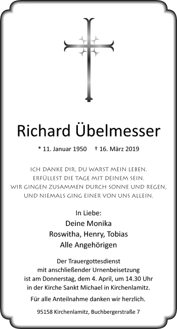 Traueranzeige von Richard Übelmesser von Frankenpost