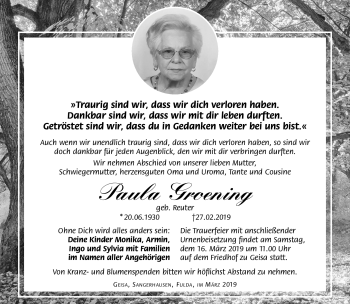 Traueranzeige von Paula Groening von Südthüringer Presse