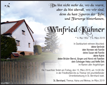 Traueranzeige von Winfried Kühner von Südthüringer Presse