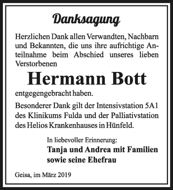 Traueranzeige von Hermann Bott von Südthüringer Presse