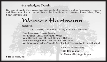 Traueranzeige von Werner Hartmann von Südthüringer Presse