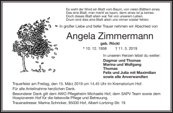 Traueranzeige von Angela Zimmermann von Frankenpost