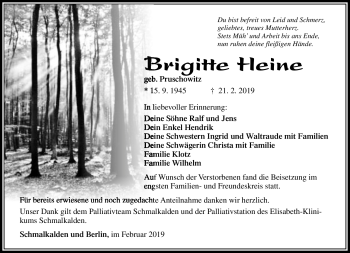 Traueranzeige von Brigitte Heine von Südthüringer Presse
