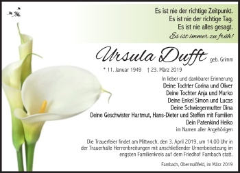 Traueranzeige von Ursula Dufft von Südthüringer Presse