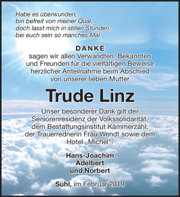 Traueranzeige von Trude Linz von Südthüringer Presse