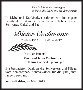Traueranzeige von Dieter Oschmann von Südthüringer Presse