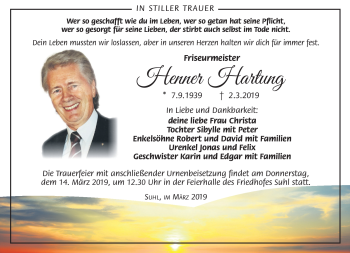 Traueranzeige von Henner Hartung von Südthüringer Presse