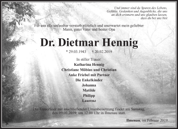 Traueranzeige von Otto Gerd Dietmar Hennig von Südthüringer Presse