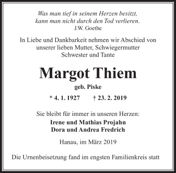 Traueranzeige von Margot Thiem von Südthüringer Presse