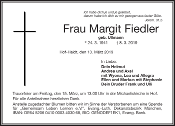 Traueranzeige von Margit Fiedler von Frankenpost