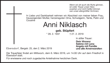 Traueranzeige von Anni Niklasch von Neue Presse Coburg