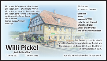 Traueranzeige von Willi Pickel von Neue Presse Coburg
