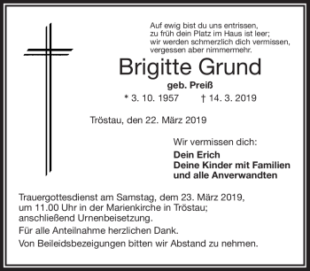 Traueranzeige von Brigitte Grund von Frankenpost
