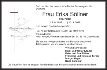 Traueranzeige von Erika Sölnner von Frankenpost