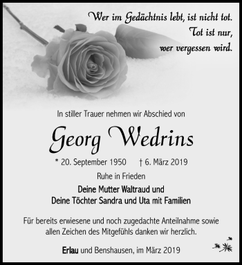 Traueranzeige von Georg Wedrins von Südthüringer Presse