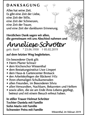 Traueranzeige von Anneliese Schröter von Südthüringer Presse