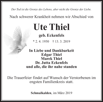 Traueranzeige von Ute Thiel von Südthüringer Presse