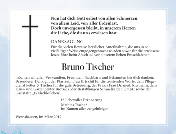 Traueranzeige von Bruno Tischer von Südthüringer Presse