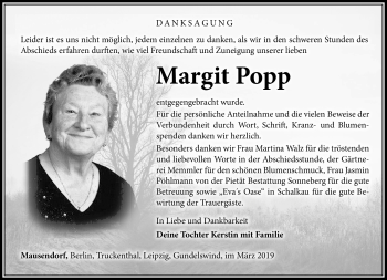 Traueranzeige von Margit Popp von Südthüringer Presse