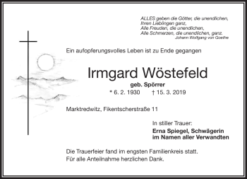 Traueranzeige von Irmgard Wöstefeld von Frankenpost
