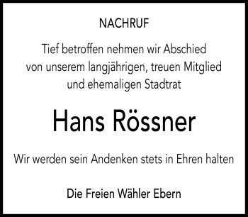 Traueranzeige von Hans Rössner von Neue Presse Coburg