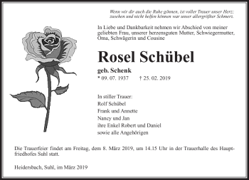 Traueranzeige von Rosel Schübel von Südthüringer Presse