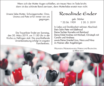 Traueranzeige von Rosalinde Ender von Südthüringer Presse