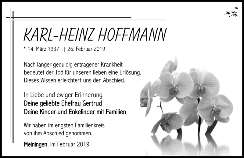  Traueranzeige für Karl-Heinz Hoffmann vom 09.03.2019 aus Südthüringer Presse