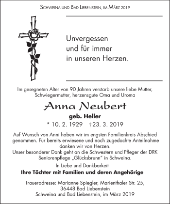 Traueranzeige von Anna Neubert von Südthüringer Presse