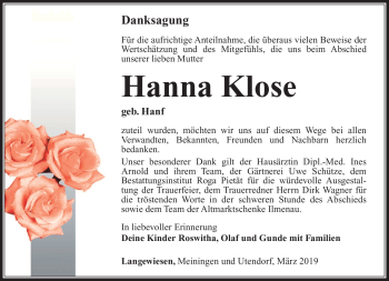 Traueranzeige von Hanna Klose von Südthüringer Presse