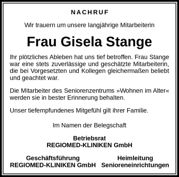 Traueranzeige von Gisela Stange von Neue Presse Coburg