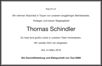 Traueranzeige von Thomas Schindler von Frankenpost