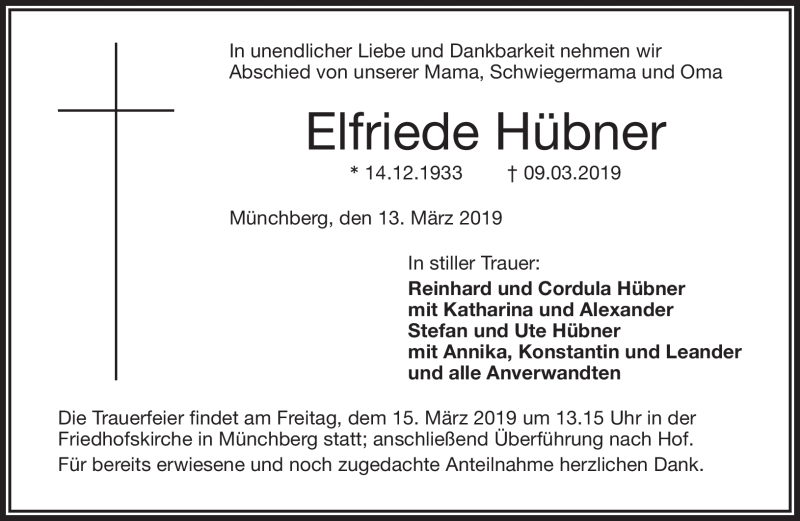  Traueranzeige für Elfriede Hübner vom 13.03.2019 aus Frankenpost