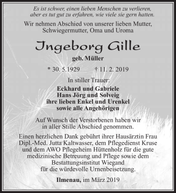 Traueranzeige von Ingeborg Gille von Südthüringer Presse