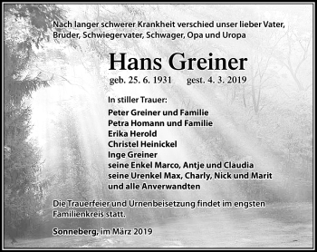 Traueranzeige von Hans Greiner von Südthüringer Presse