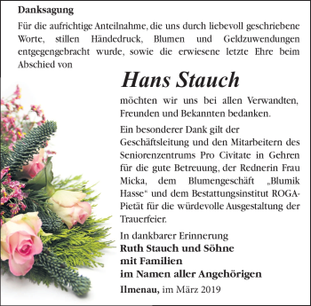 Traueranzeige von Hans Stauch von Südthüringer Presse
