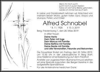 Traueranzeige von Alfred Schnabel von Frankenpost