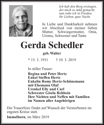 Traueranzeige von Gerda Schedler von Südthüringer Presse