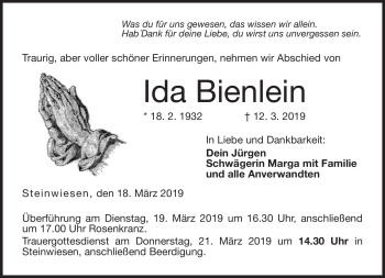 Traueranzeige von Ida Bienlein von Neue Presse Coburg