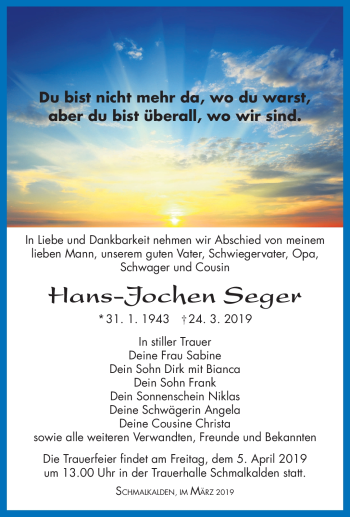 Traueranzeige von Hans-Jochen Seger von Südthüringer Presse