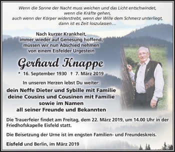 Traueranzeige von Gerhard Knappe von Südthüringer Presse